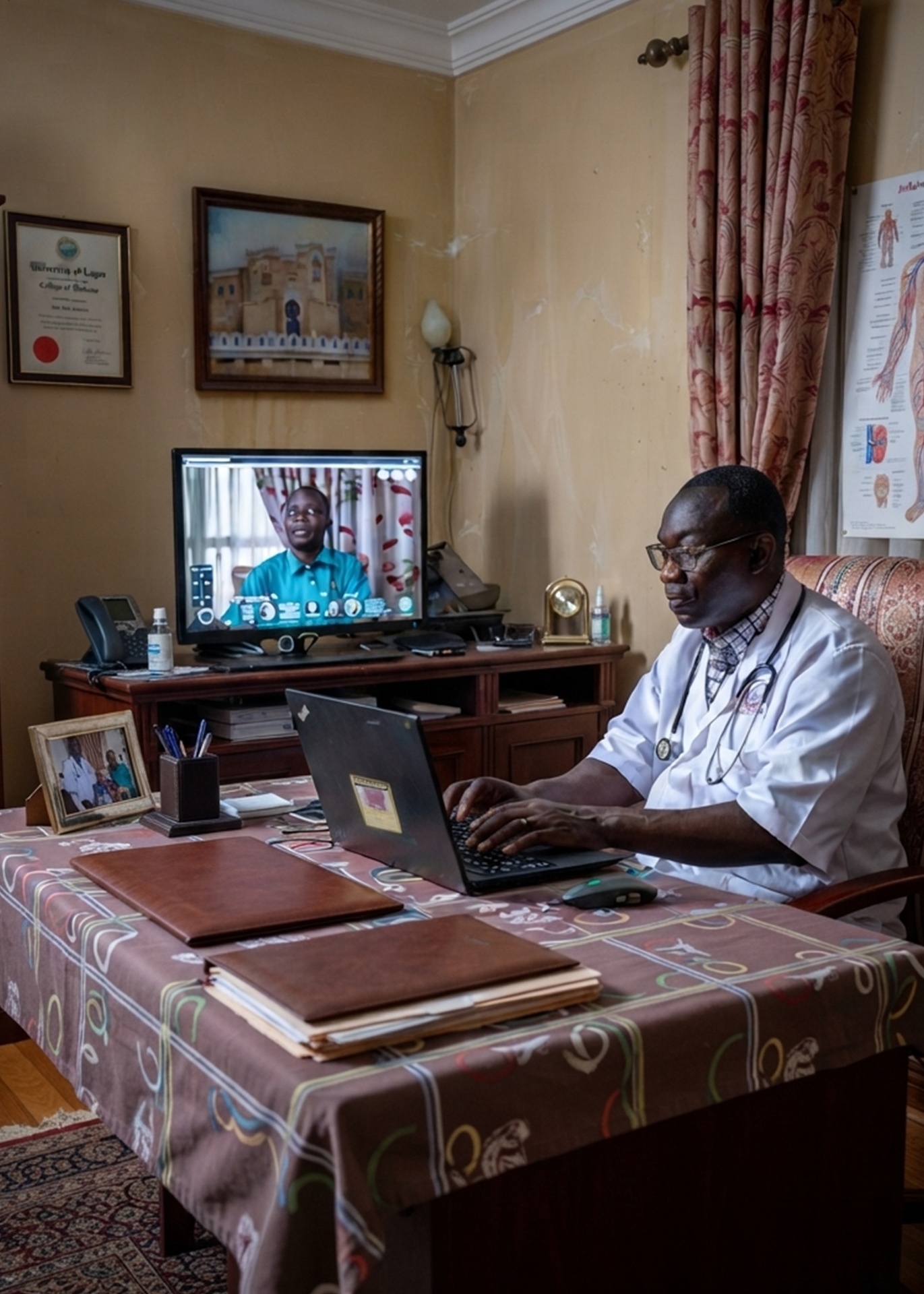 African doctor conducting a telemedicine consultation from his office